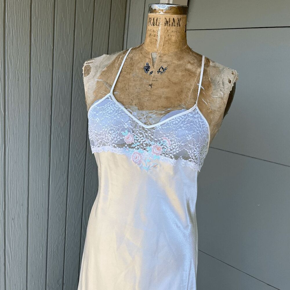 Vintage 80s Val Mode Ivory Satin Slip Dress with Lace & Embroidered Details